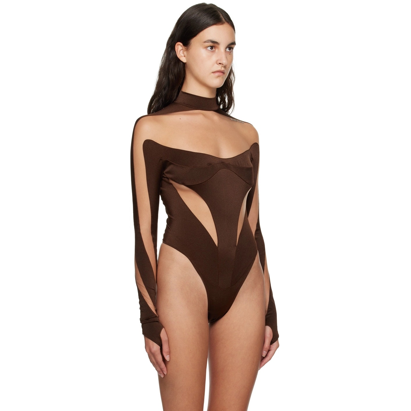 Mugler Brown Illusion Neckline Mesh Cutout Bodysuit Size 12 — image 3 of 8